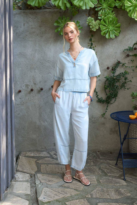 WASHED DENIM SPLIT NECK SHORT SLEEVE TOP