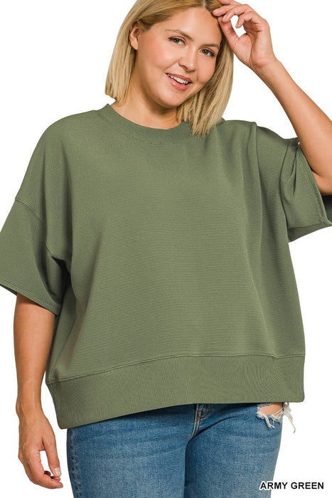 Plus Size Ribbed Round Neck Waist Banded Tee Shirt