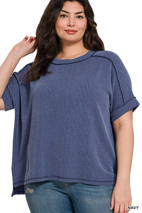 Plus Size Corded Rib Cuff Sleeve Raw Edge Top | Zenana | Heartland Store MN
