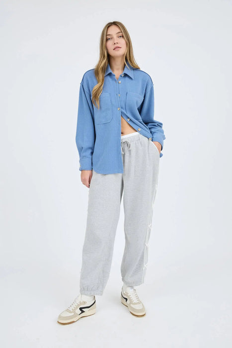 RIB KNIT EXPOSED SEAM BUTTON UP SHACKET JACKET