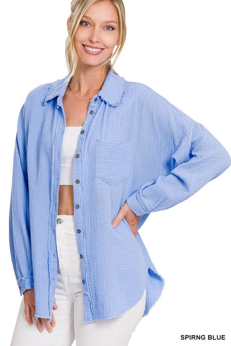 Oversized Raw Edge Shirt With Back Patch Zenana Brand