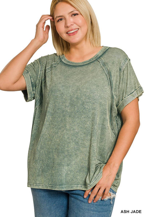 Plus Size Washed Ribbed Cuffed Short Sleeve Round Neck Top