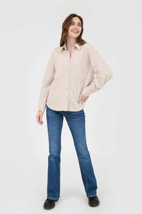 RIB KNIT EXPOSED SEAM BUTTON UP SHACKET JACKET