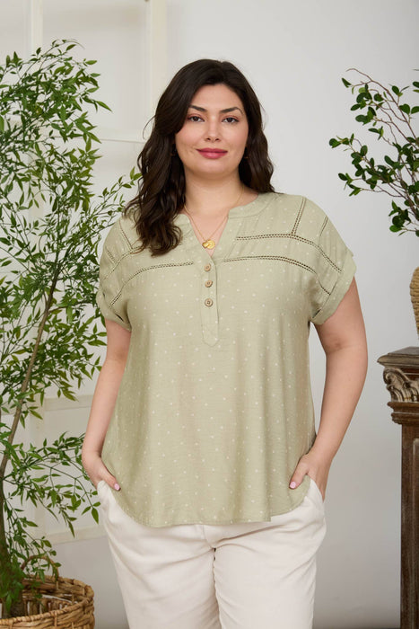 PLUS POLKA DOT LACE TRIM HALF BUTTON TOP