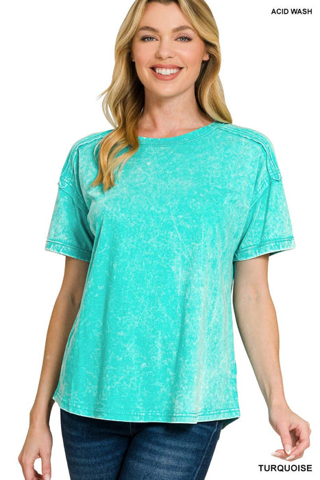 Acid Washed Round Neck T-Shirt – Relaxed Fit, 3 Color Options | Zenana | Heartland Store MN