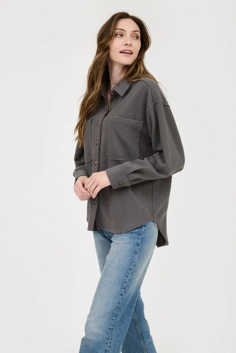 RIB KNIT EXPOSED SEAM BUTTON UP SHACKET JACKET