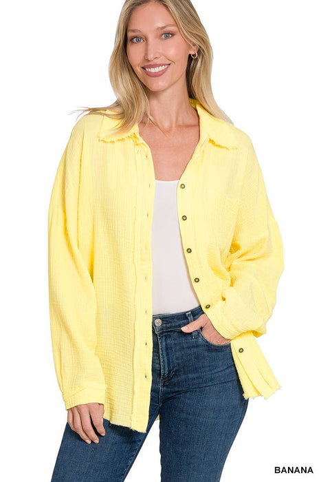 Oversized Raw Edge Shirt With Back Patch Zenana Brand
