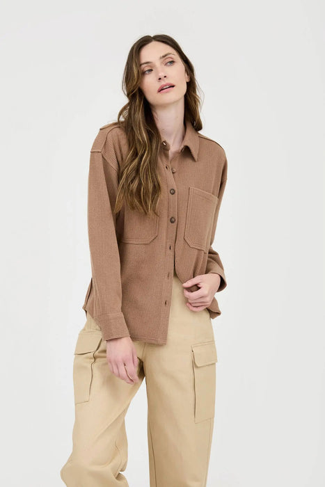 RIB KNIT EXPOSED SEAM BUTTON UP SHACKET JACKET
