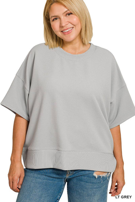Plus Size Ribbed Round Neck Waist Banded Tee Shirt