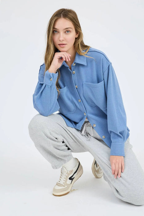 RIB KNIT EXPOSED SEAM BUTTON UP SHACKET JACKET