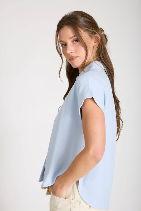 COLLARED SPLIT NECK CUFF SLEEVE U HEM LINEN TOP