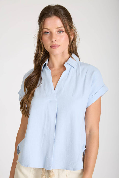 COLLARED SPLIT NECK CUFF SLEEVE U HEM LINEN TOP