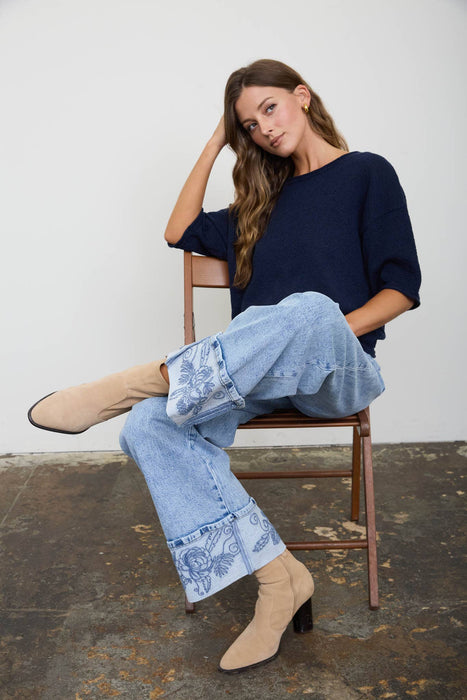 RAW EDGE BOXY SHORT SLEEVE KNIT SWEATER