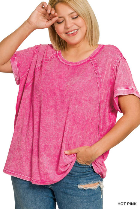 Plus Size Washed Ribbed Cuffed Short Sleeve Round Neck Top
