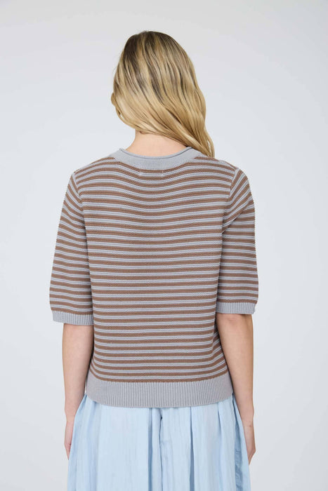 TEXTURED STRIPE CREW NECK HALF SLEEVE SWEATER