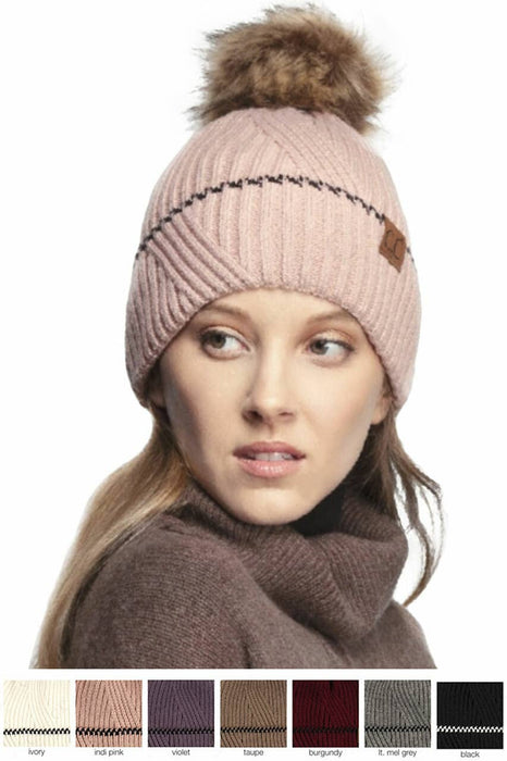 C.C Solid Cuffed Beanie With Pom