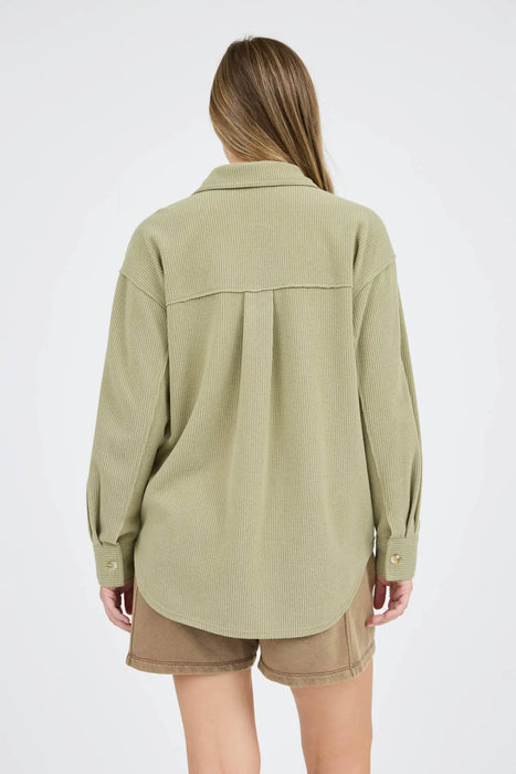 RIB KNIT EXPOSED SEAM BUTTON UP SHACKET JACKET