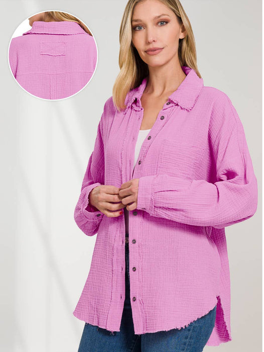 Women's Oversized Raw Edge Button-Up Shirt with Back Patch