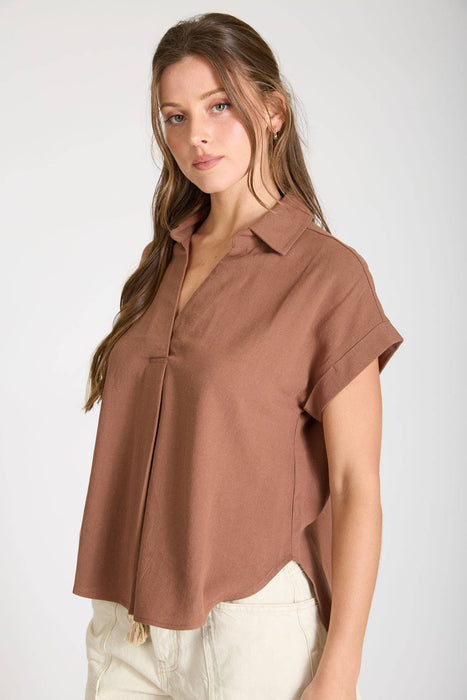 COLLARED SPLIT NECK CUFF SLEEVE U HEM LINEN TOP