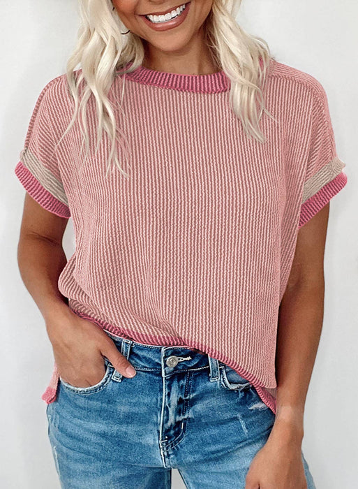 Pink Knitted Crewneck Short-sleeved shirt with Contrasting Pink Panels backstitch