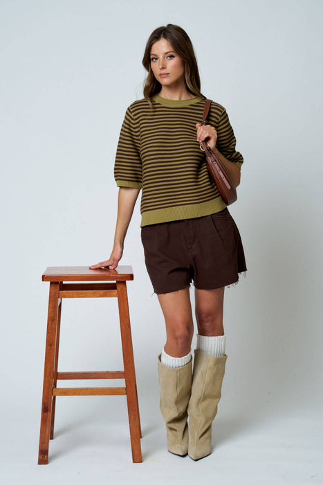 TEXTURED STRIPE CREW NECK HALF SLEEVE SWEATER