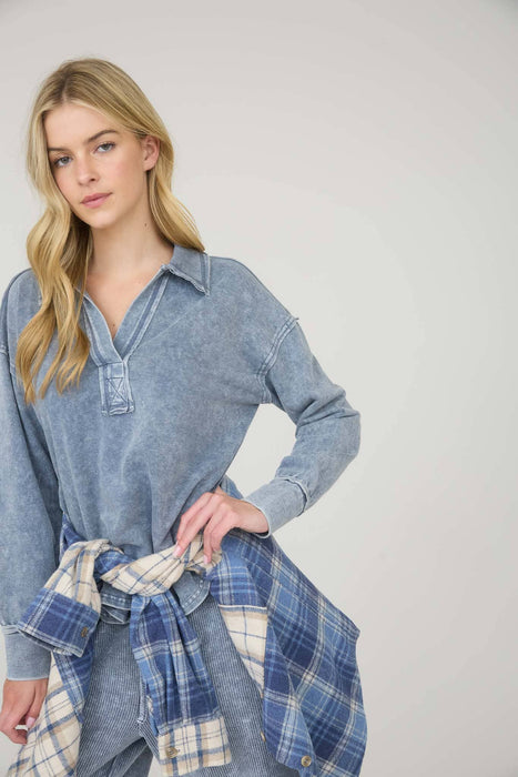 J.O.A.  Acid Washed Knit Top – Collared V-Neck, U-Hem, Drop Shoulder | Heartland Store MN