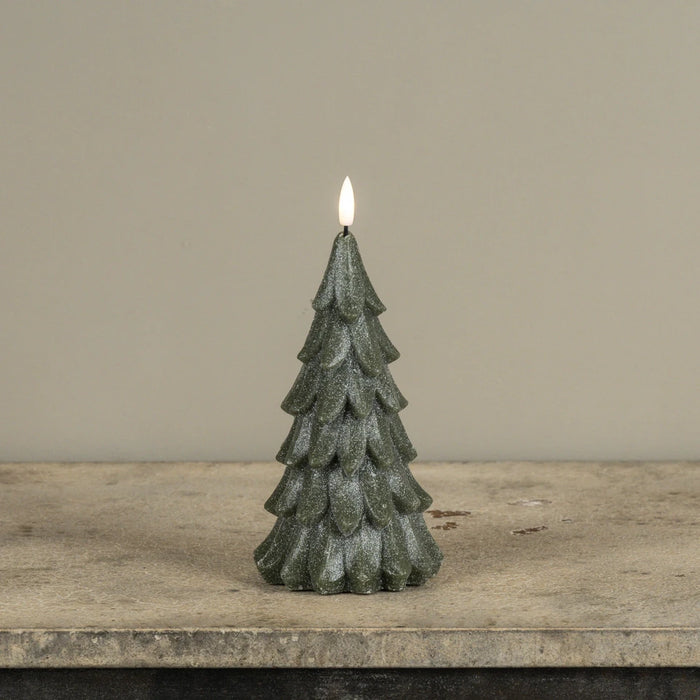 GREEN SHIMMER 3D FLAME ALABASTER PINE TREE CANDLE with 6-Hour Timer | Heartland Store MN