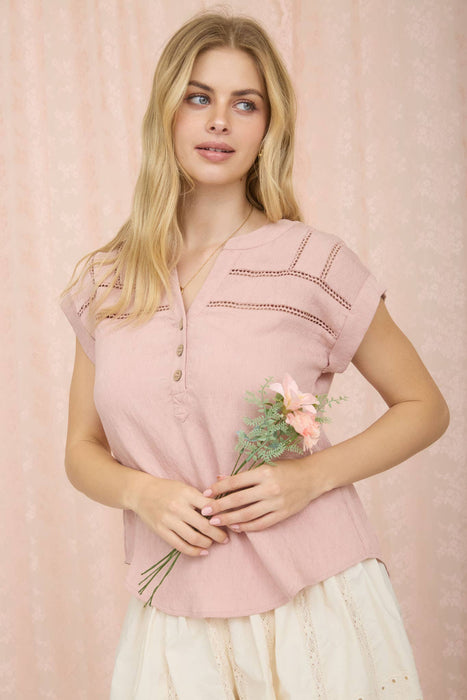 CROCHET LINE LACE HALF BUTTON SHORT SLEEVE TOP