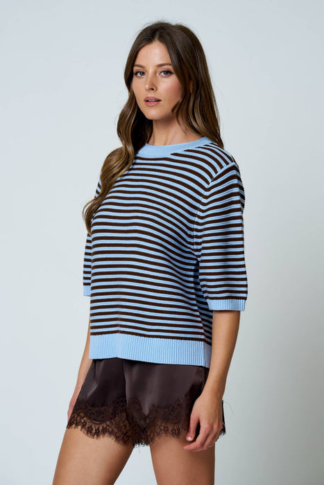 TEXTURED STRIPE CREW NECK HALF SLEEVE SWEATER