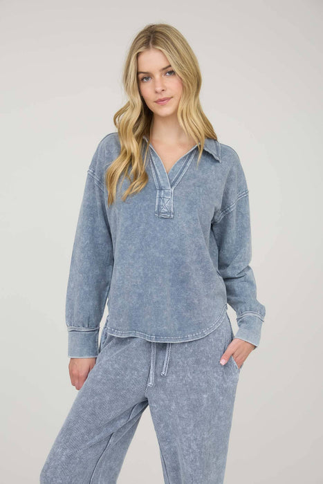 Blu Pepper acid washed oversized knit top with V-neck collar