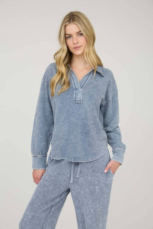 Blu Pepper acid washed oversized knit top with V-neck collar