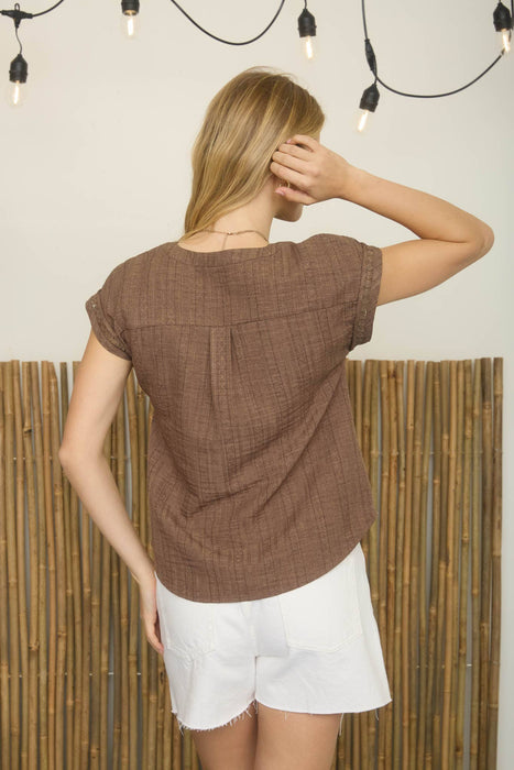 TEXTURED WOVEN PATTERN LINE LACE DETAIL TOP