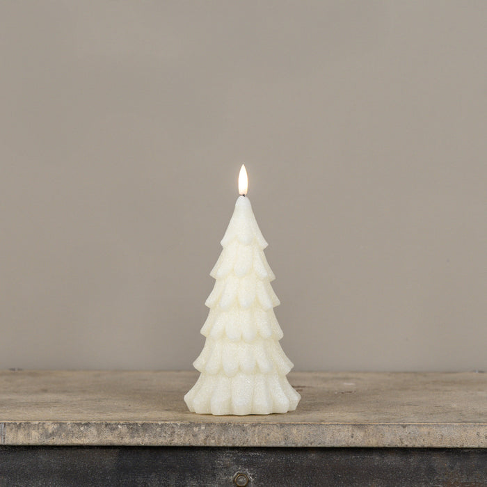CREAM SHIMMER 3D FLAME ALABASTER PINE TREE CANDLE with 6-Hour Timer | Heartland Store MN