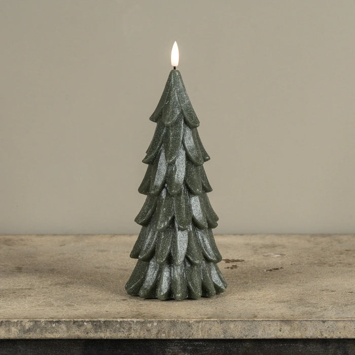 GREEN SHIMMER 3D FLAME ALABASTER PINE TREE CANDLE with 6-Hour Timer | Heartland Store MN