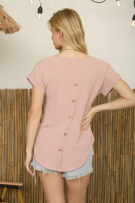 SPLIT NECK BACK BUTTON SHORT FOLD SLEEVE TOP