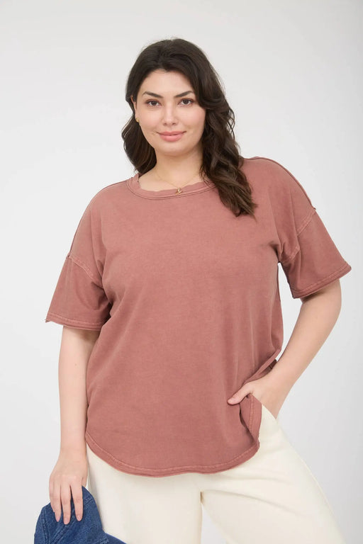 Plus size exposed seam cotton knit top short sleeve front view
