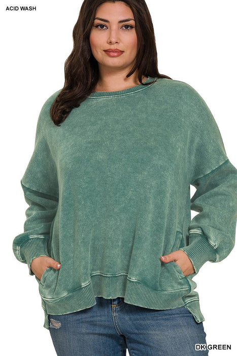 Plus Size Acid Wash Fleece Hi-Low Pullover with Pockets Zenana Brand | Heartland Store MN