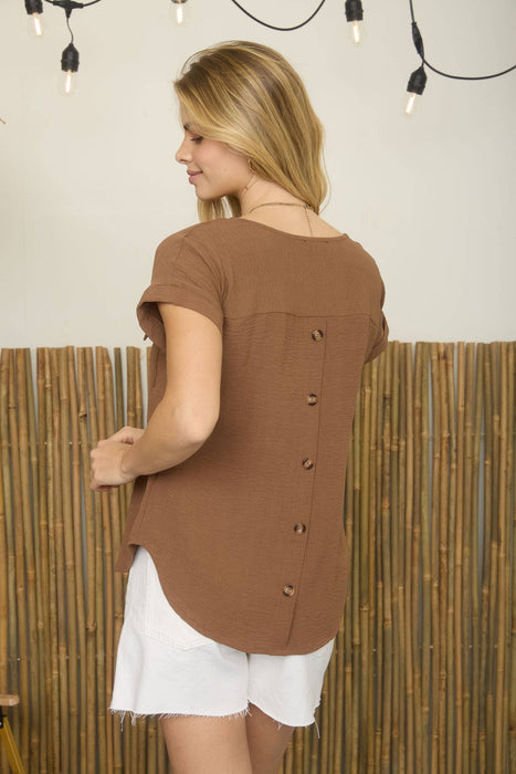 SPLIT NECK BACK BUTTON SHORT FOLD SLEEVE TOP