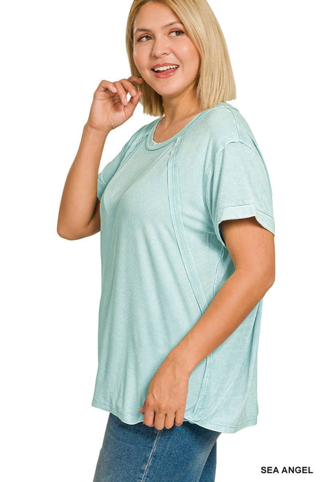 Plus Size Washed Ribbed Cuffed Short Sleeve Round Neck Top