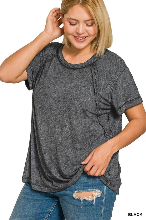 Plus Size Washed Ribbed Cuffed Short Sleeve Round Neck Top