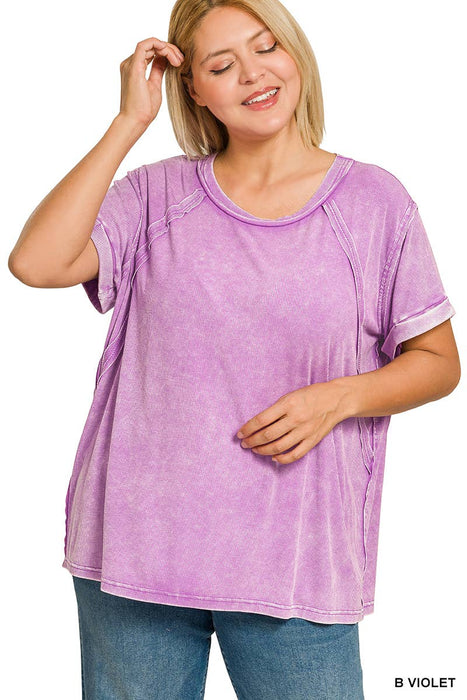 Plus Size Washed Ribbed Cuffed Short Sleeve Round Neck Top