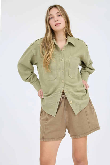 RIB KNIT EXPOSED SEAM BUTTON UP SHACKET JACKET