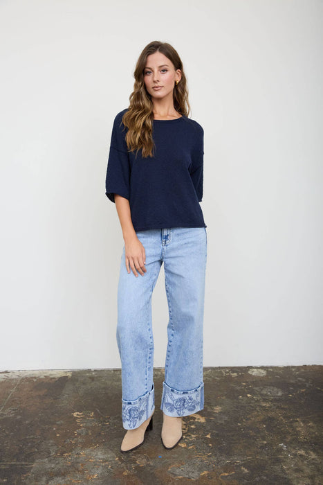 RAW EDGE BOXY SHORT SLEEVE KNIT SWEATER