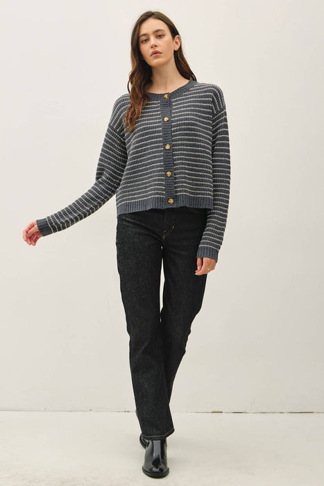 STRIPED WAFFLE KNIT BOXY CARDIGAN