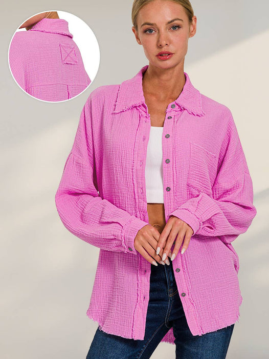 Women's Oversized Raw Edge Button-Up Shirt with Back Patch