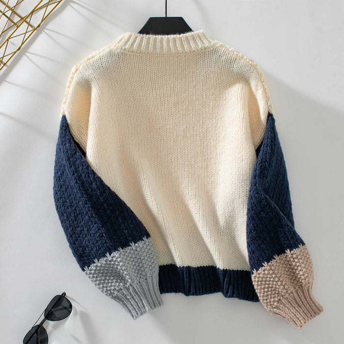 COLOR BLOCK CREW-NECK LONG-SLEEVED SWEATER Cozy Women's Knit Pullover