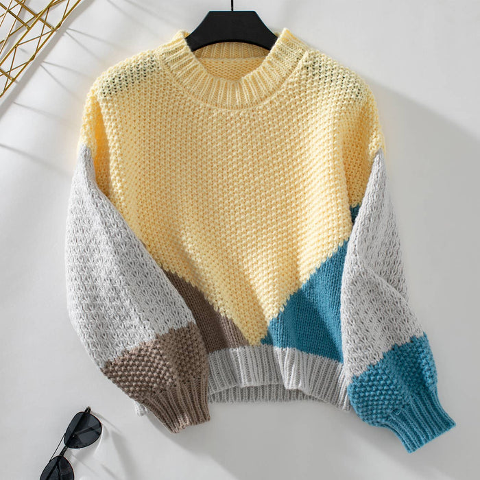 COLOR BLOCK CREW-NECK LONG-SLEEVED SWEATER Cozy Women's Knit Pullover