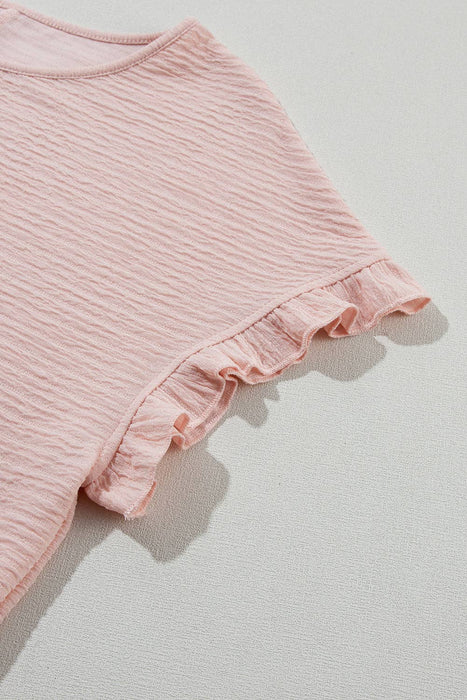 Solid Textured Ruffled Short Sleeve Shirt