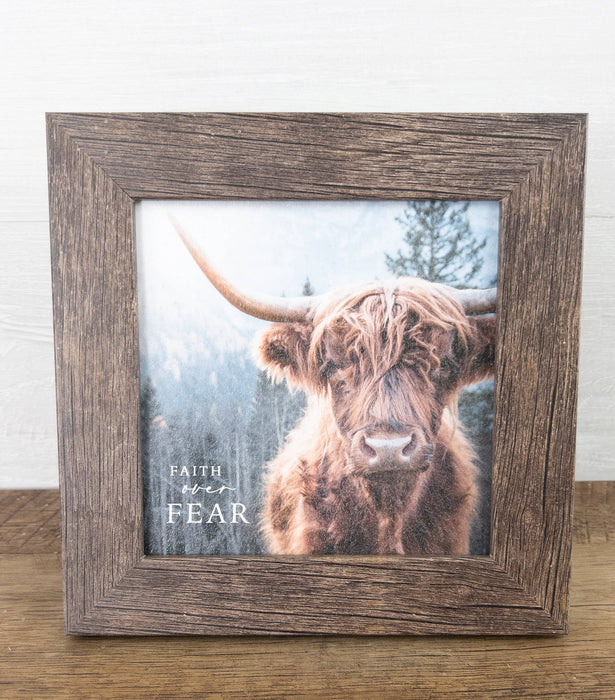Faith Over Fear Highland Cow Rustic Art Picture Decor