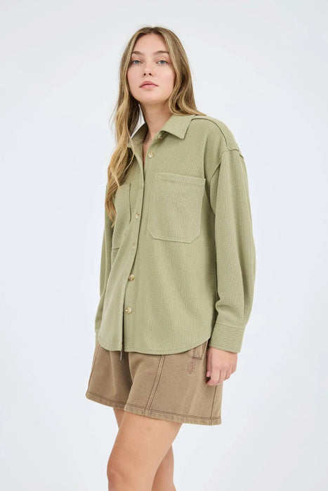 RIB KNIT EXPOSED SEAM BUTTON UP SHACKET JACKET